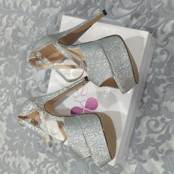 Silver Sparked Peep Toe Platform Stiletto Sandals - Size 9 ZRiey - Picture 6 of 6